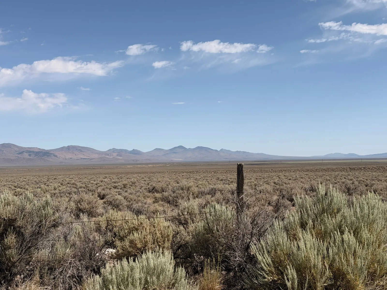 Sagebrush desert stretching to distant mountains under a blue sky