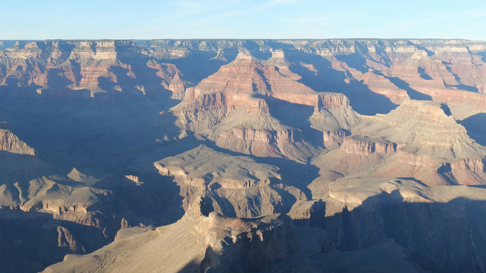 The Grand Canyon seen from the South Rim in low sun, inner canyon ridges in shadow