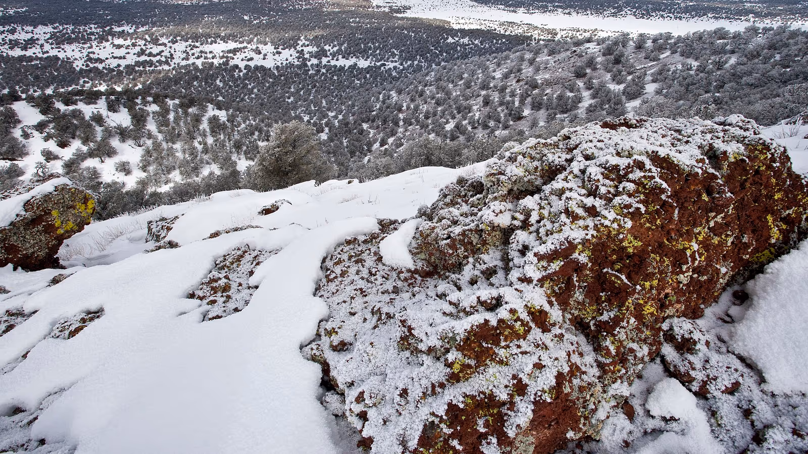 Snow on a volcanic ridge along the Continental Divide Trail in New Mexico
